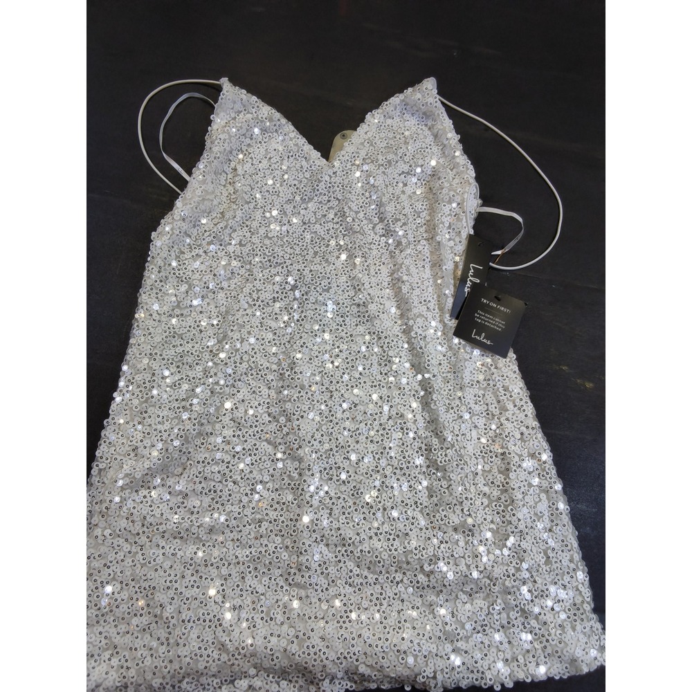 Lulus White Sequin Mini Dress V-Neck Lace Up Open Back Bridal Party Womens M